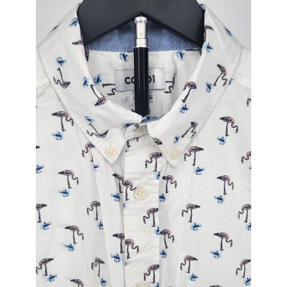 COMO MAN Mens White Flamingo Print Short Sleeve Button Down Shirt Size M